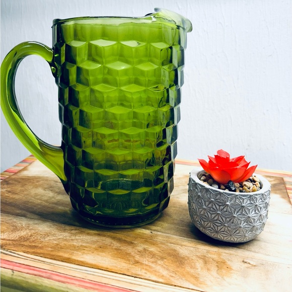 1960s Indiana Whitehall Glass Avocado Green Cubist Pattern Pitcher - Picture 9 of 9
